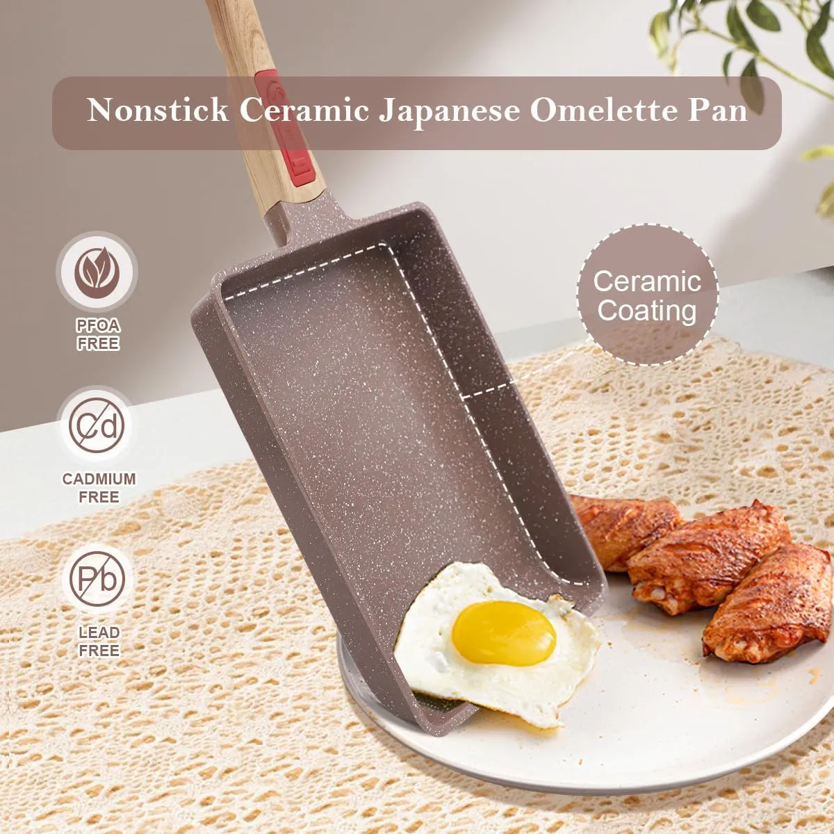 Ceramic Nonstick Tamagoyaki Pan, Large Japanese Omelette Pan Egg Pan with Detachable Handle, Oven& Dishwasher Safe, 9” x 8.2” (Brown)