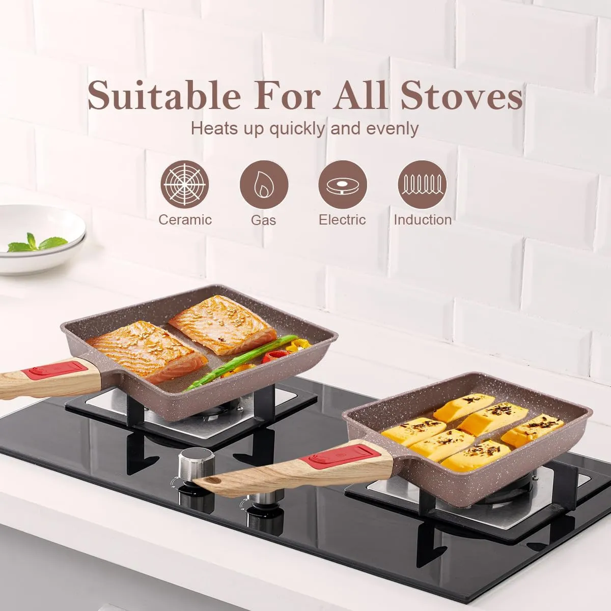 Ceramic Nonstick Tamagoyaki Pan, Large Japanese Omelette Pan Egg Pan with Detachable Handle, Oven& Dishwasher Safe, 9” x 8.2” (Brown)