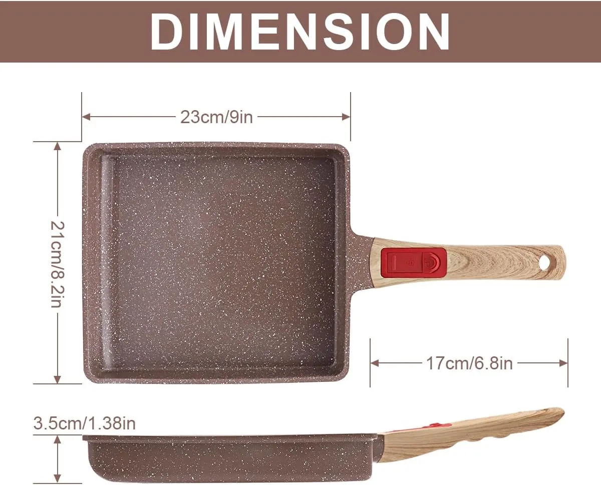 Ceramic Nonstick Tamagoyaki Pan, Large Japanese Omelette Pan Egg Pan with Detachable Handle, Oven& Dishwasher Safe, 9” x 8.2” (Brown)