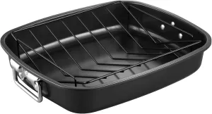 CHEFMADE Roasting Pan, 17-Inch Non-Stick Large Roasting Pan for Turkey, Roaster Lasagna Pan with V Rack Rectangular Deep Dish Oven-BBQ Bakeware for Oven Baking 17.1" x 14.1" x 3.3" (Black)
