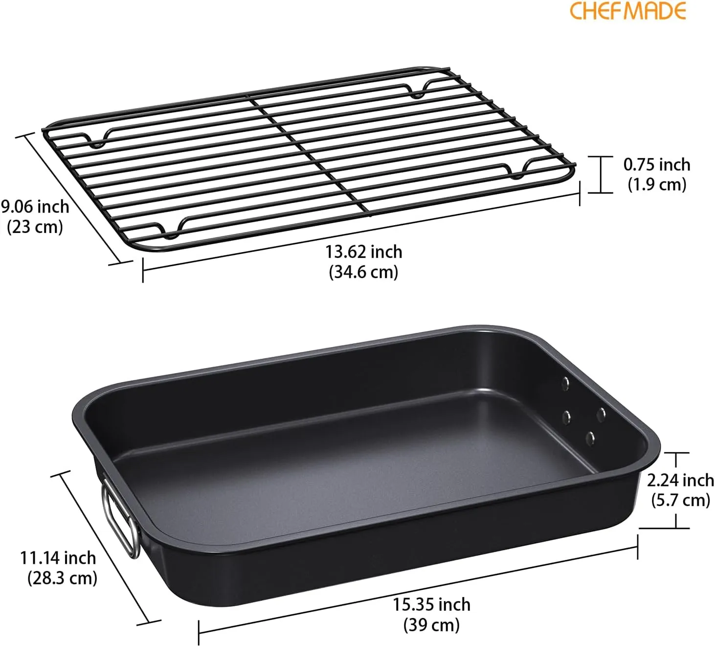 CHEFMADE Roasting Pan with Rack, 15 Inch Deep Roasting Pan, Deep Lasagna Pan for BBQ Vegetbale and Meat 15.4" x 11.2" x 2.3" (Black)