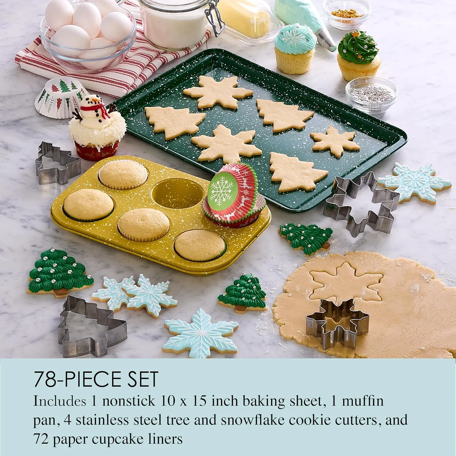 Chicago Metallic 78 Piece Holiday Baking Set, Perfect for Baking Holiday Cookies, Cupcakes, Muffins, and Much More