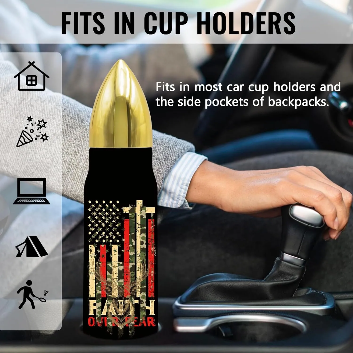 Christian Gifts, 17 Oz Faith over Fear Bullet Tumbler with Lid, Stainless Steel God Tumbler for Men, Christian Religious Catholic Spiritual Pastor Gift for Men, Gifts for Veteran, Black