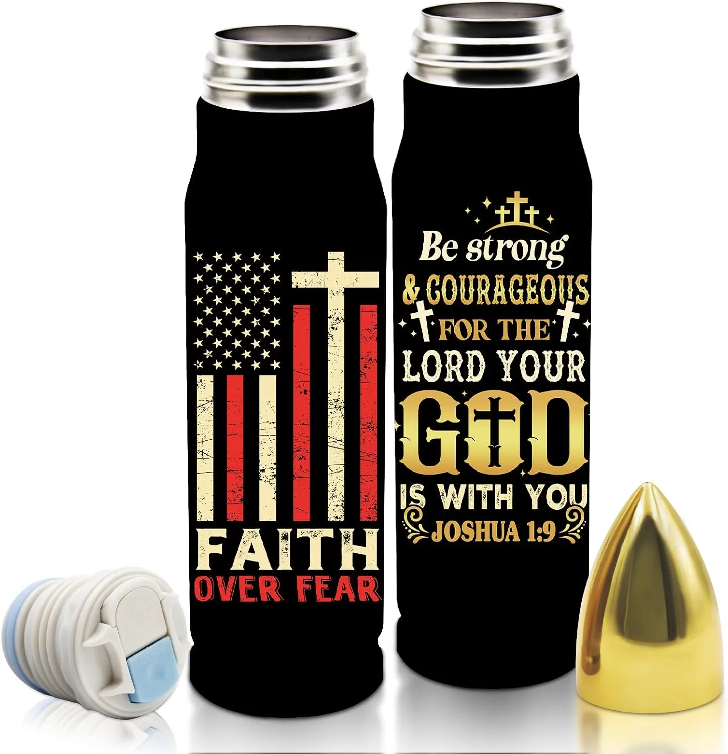 Christian Gifts, 17 Oz Faith over Fear Bullet Tumbler with Lid, Stainless Steel God Tumbler for Men, Christian Religious Catholic Spiritual Pastor Gift for Men, Gifts for Veteran, Black