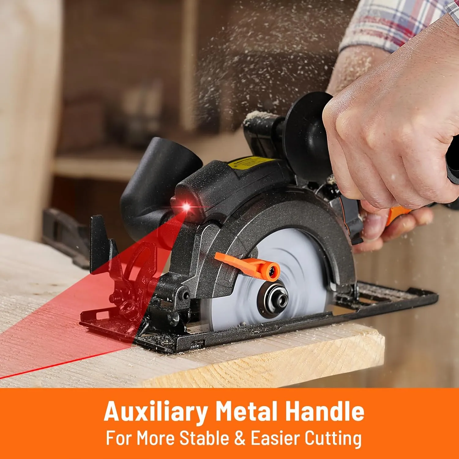 Circular Saw, 5.8A 4-1/2" Circular Saw w/Laser, Metal Auxiliary Handle, 6 Blades (4½", 4¾"), Cutting Depth 1-11/16" (90°), 1-1/8" (45°), Ideal for Wood, Soft Metal, Plastic, Tile - MCS01A