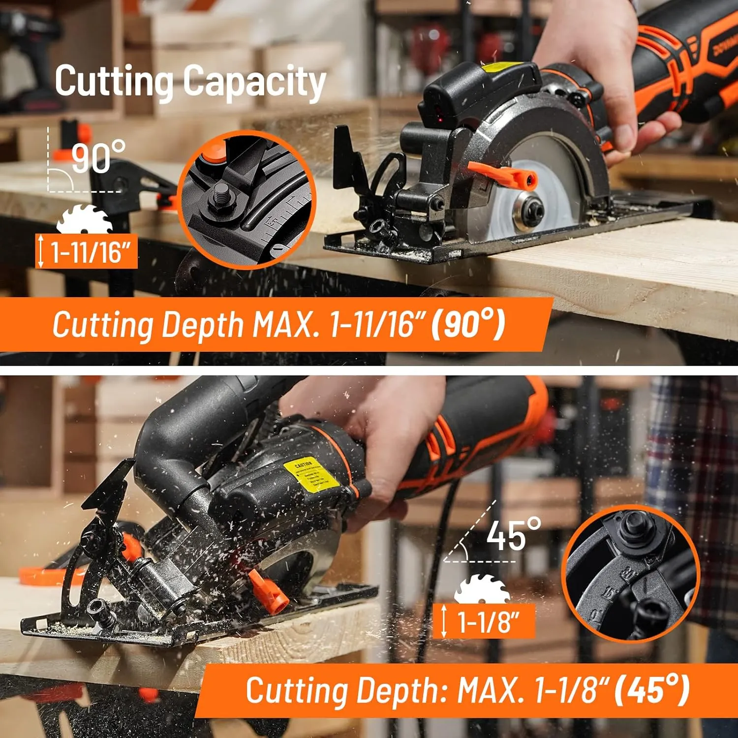 Circular Saw, 5.8A 4-1/2" Circular Saw w/Laser, Metal Auxiliary Handle, 6 Blades (4½", 4¾"), Cutting Depth 1-11/16" (90°), 1-1/8" (45°), Ideal for Wood, Soft Metal, Plastic, Tile - MCS01A