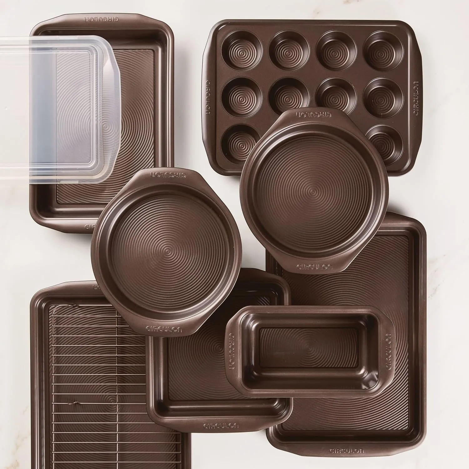 Circulon Nonstick Bakeware Set with Nonstick Bread Pan, Baking Pans, Baking Sheets, Cookie Sheets, Cake Pan and Muffin Pan / Cupcake Pan - 10 Piece, Chocolate Brown