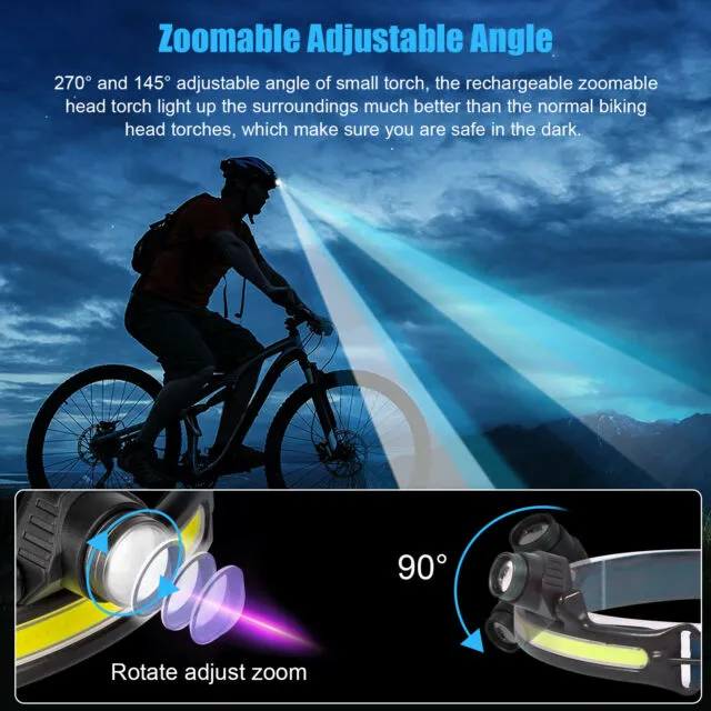 COB LED Motion Sensor Headlamp USB Rechargeable Torch Headlight Flashlight 6Mode