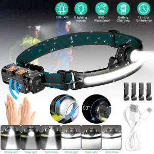 COB LED Motion Sensor Headlamp USB Rechargeable Torch Headlight Flashlight 6Mode