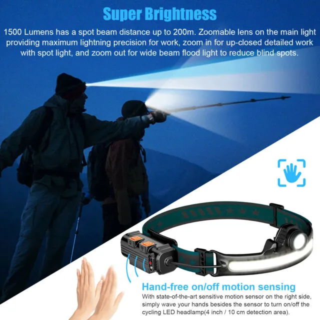 COB LED Motion Sensor Headlamp USB Rechargeable Torch Headlight Flashlight 6Mode