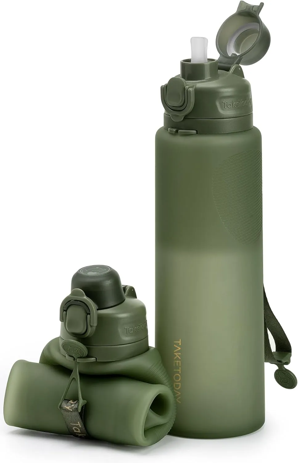 Collapsible 32oz Silicone Water Bottles, Foldable Travel Bottle with Straw, BPA Free, Leakproof for Hiking, International Travel, Outdoors(Green)