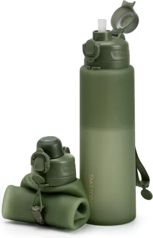 Collapsible 32oz Silicone Water Bottles, Foldable Travel Bottle with Straw, BPA Free, Leakproof for Hiking, International Travel, Outdoors(Green)