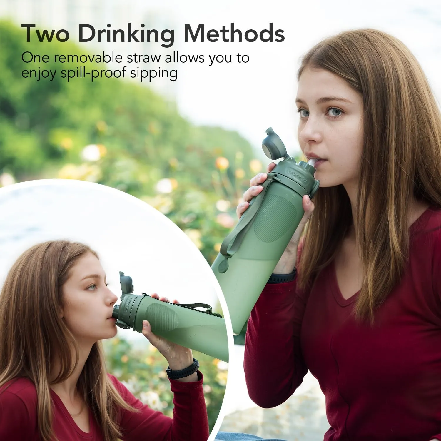 Collapsible 32oz Silicone Water Bottles, Foldable Travel Bottle with Straw, BPA Free, Leakproof for Hiking, International Travel, Outdoors(Green)