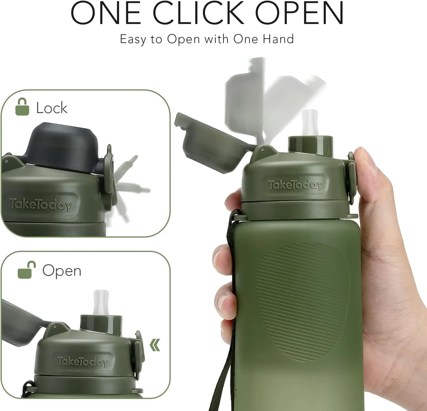 Collapsible 32oz Silicone Water Bottles, Foldable Travel Bottle with Straw, BPA Free, Leakproof for Hiking, International Travel, Outdoors(Green)