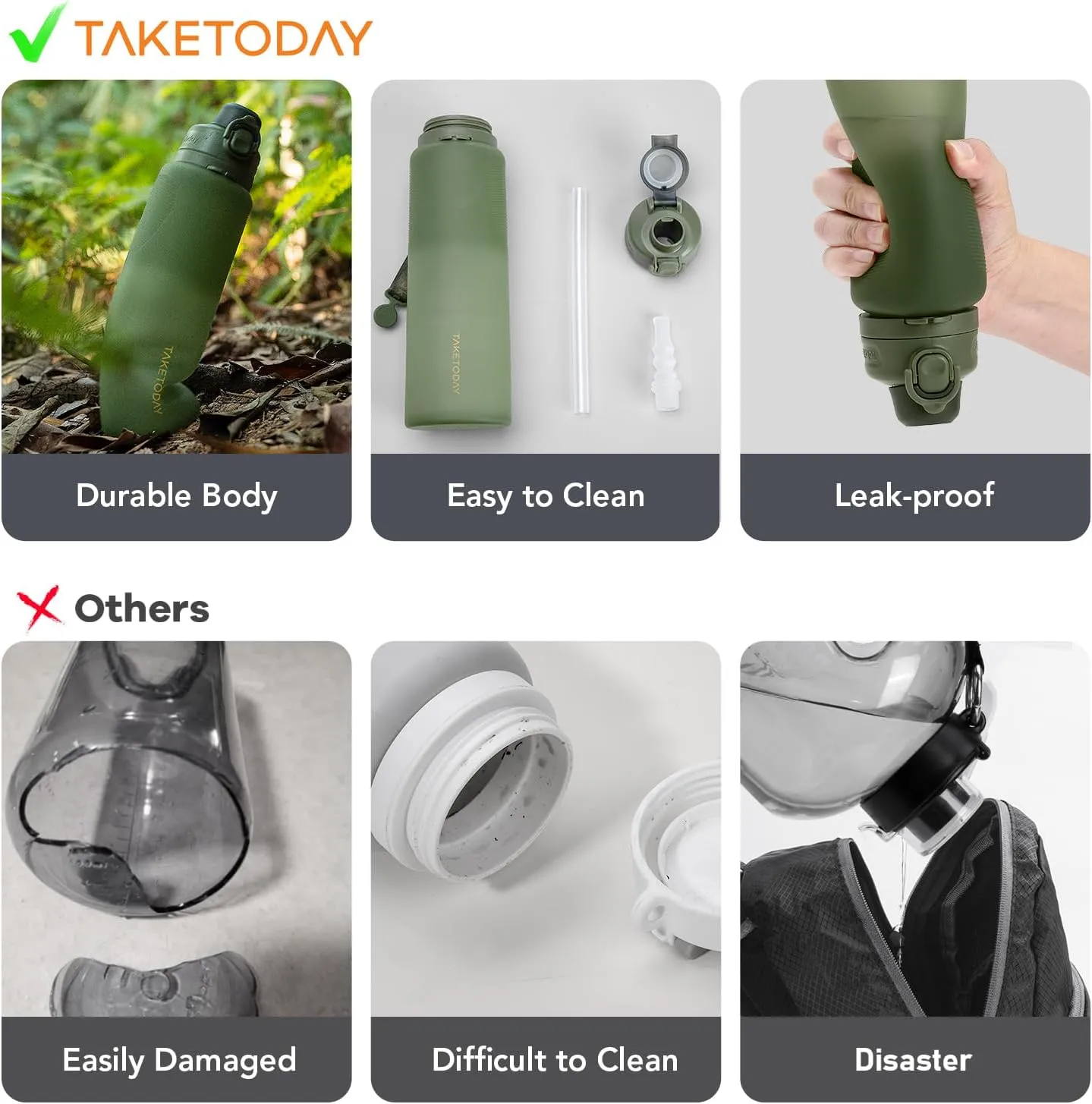 Collapsible 32oz Silicone Water Bottles, Foldable Travel Bottle with Straw, BPA Free, Leakproof for Hiking, International Travel, Outdoors(Green)