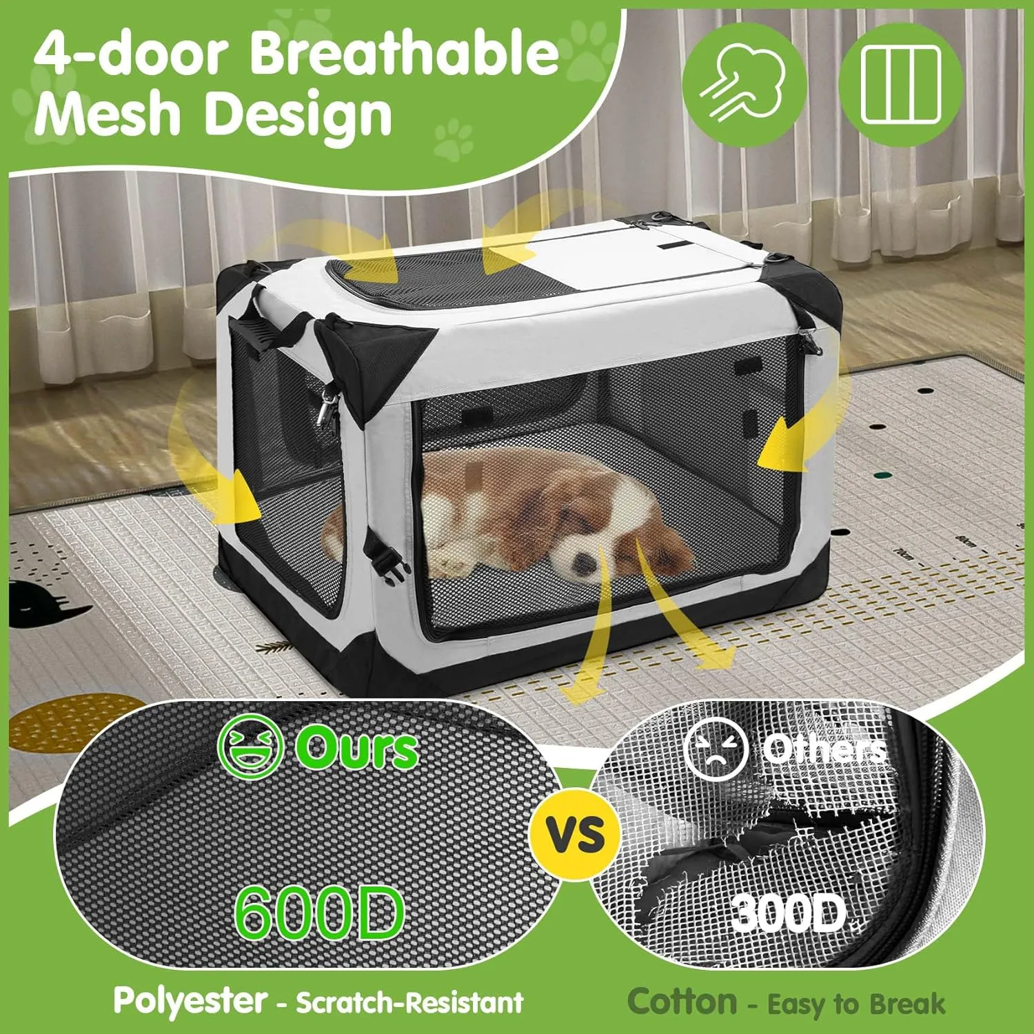 Collapsible Dog Crate, 30 Inch Portable Travel Dog Crate for Small Dogs Indoor & Outdoor Use, 4-Door Foldable Soft Sided Dog Kennel with Handle, Safety Zippers, Mesh Windows and Soft Mat