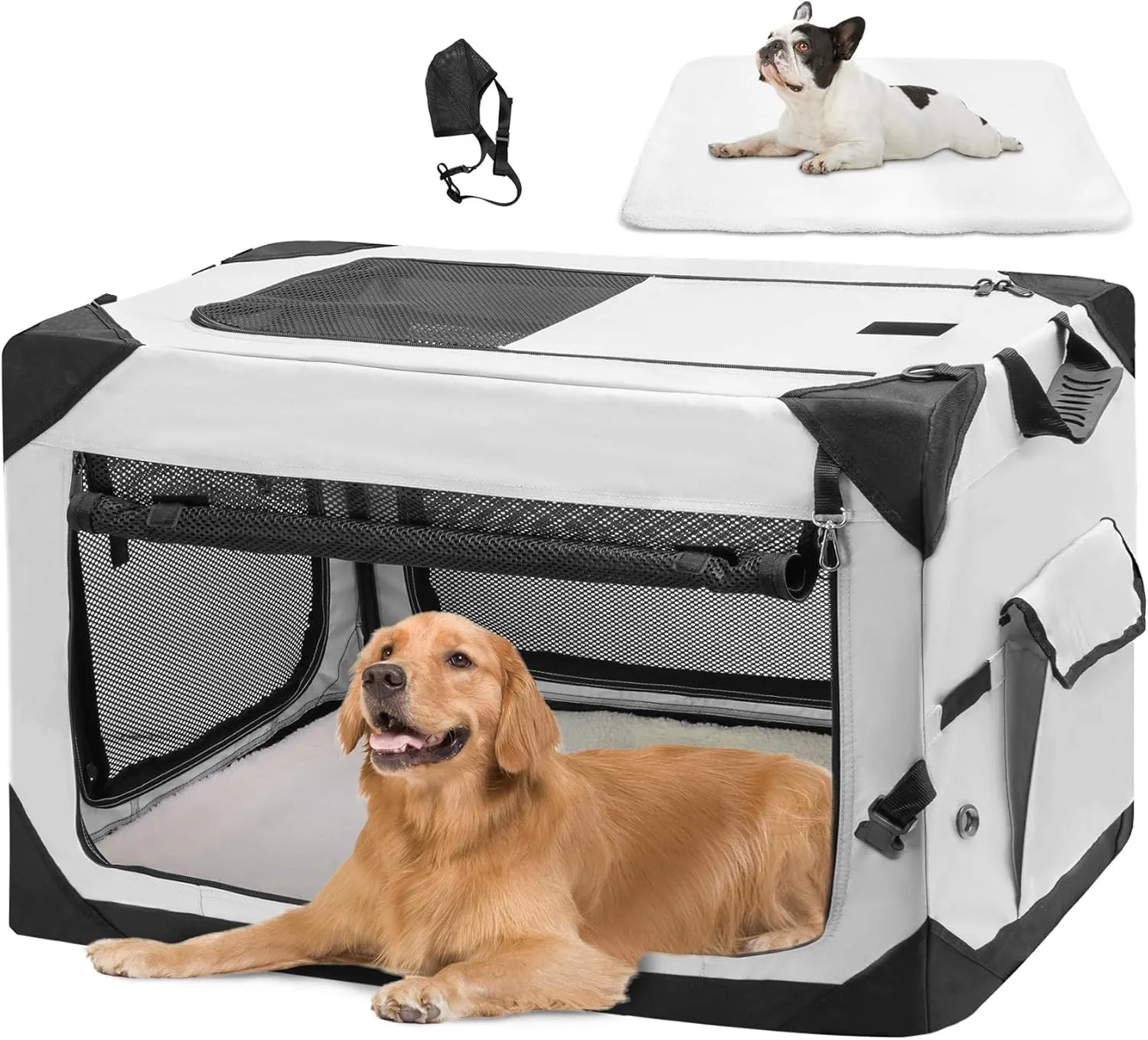 Collapsible Dog Crate, 30 Inch Portable Travel Dog Crate for Small Dogs Indoor & Outdoor Use, 4-Door Foldable Soft Sided Dog Kennel with Handle, Safety Zippers, Mesh Windows and Soft Mat