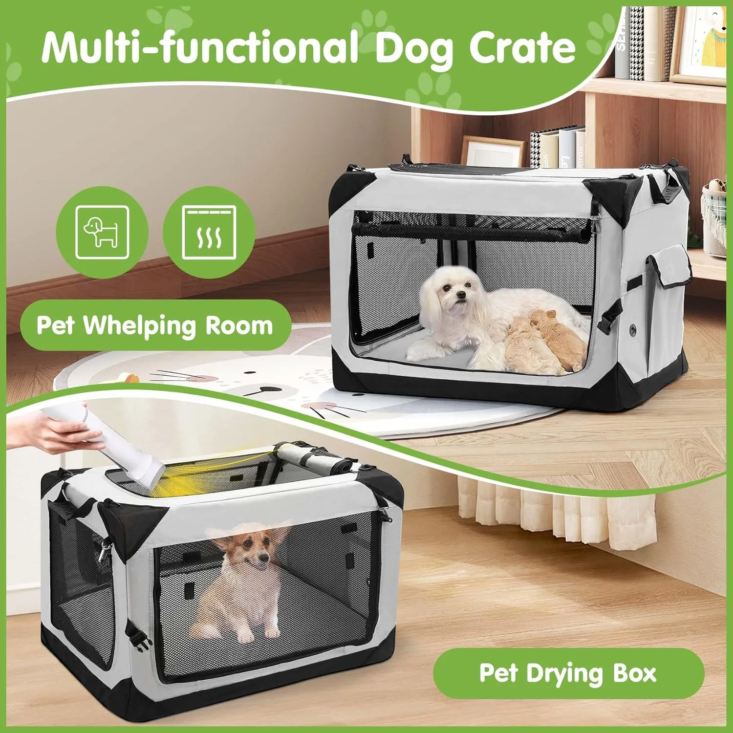 Collapsible Dog Crate, 30 Inch Portable Travel Dog Crate for Small Dogs Indoor & Outdoor Use, 4-Door Foldable Soft Sided Dog Kennel with Handle, Safety Zippers, Mesh Windows and Soft Mat