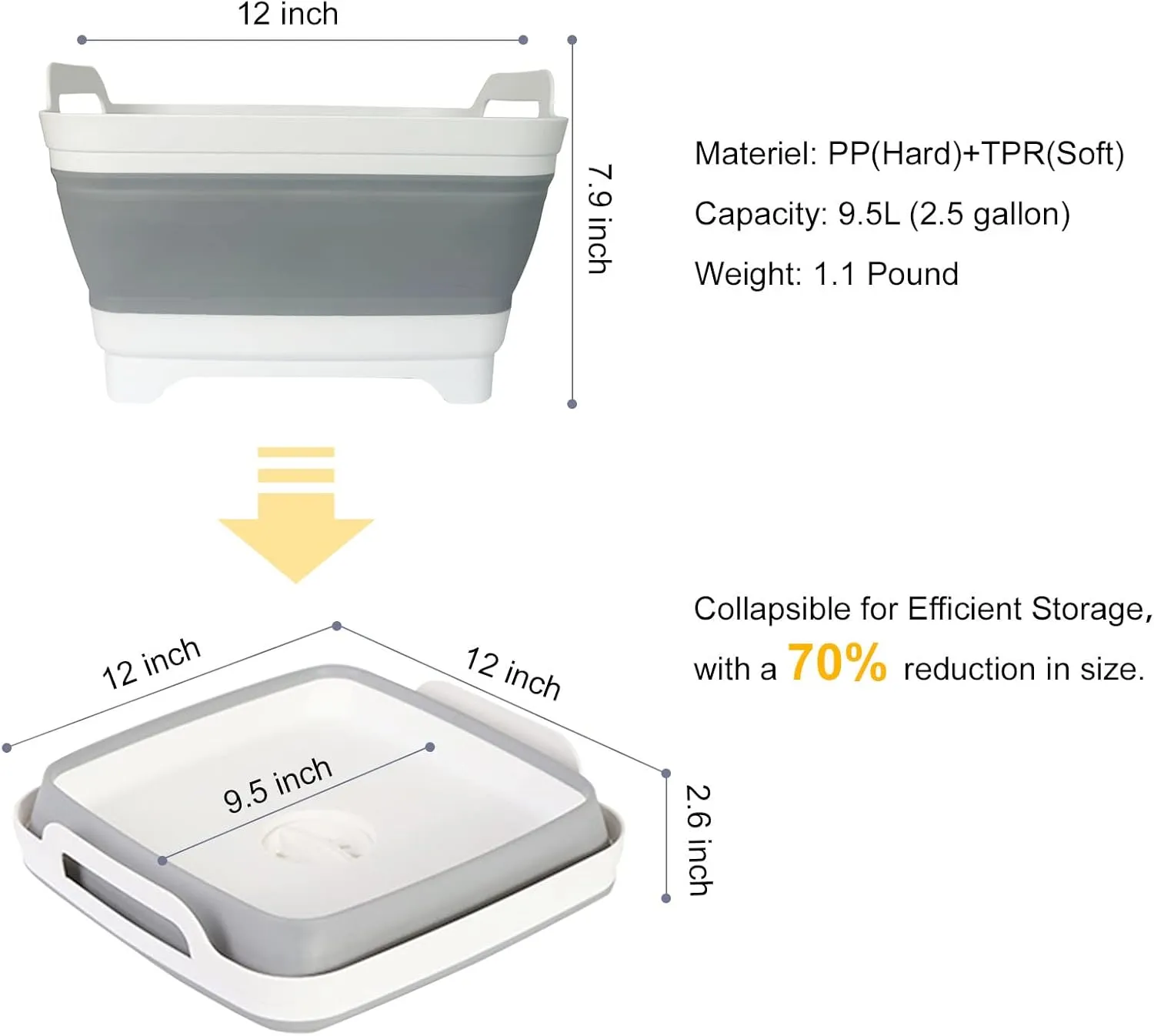 Collapsible Wash Basin with Drain Plug – 2.4 Gallon Portable Sink Tub for Baby Bottles, Dishwashing, RV & Camping | Space Saving Foldable Design | BPA-Free TPR/PP Material (Grey)