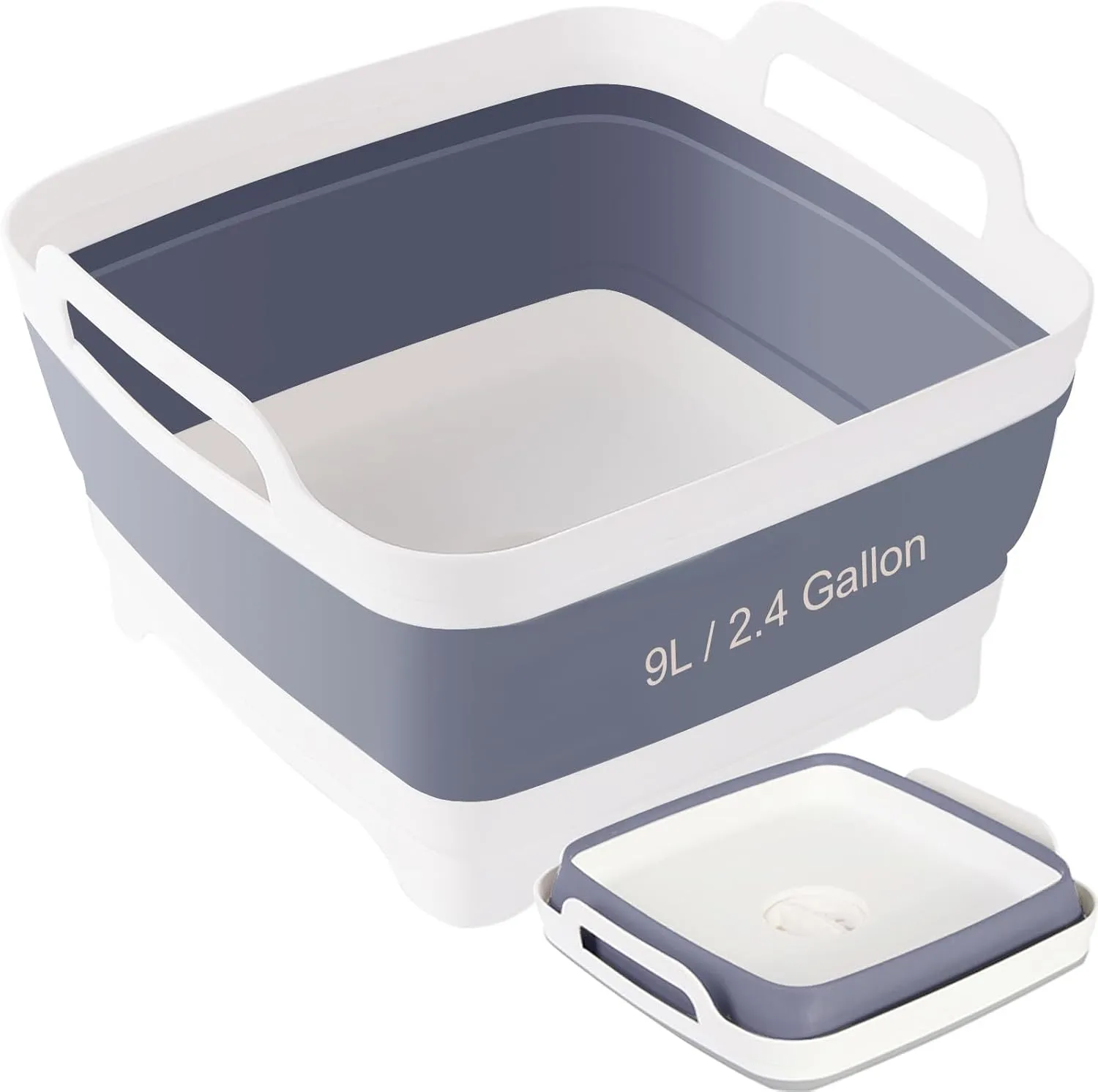 Collapsible Wash Basin with Drain Plug – 2.4 Gallon Portable Sink Tub for Baby Bottles, Dishwashing, RV & Camping | Space Saving Foldable Design | BPA-Free TPR/PP Material (Grey)