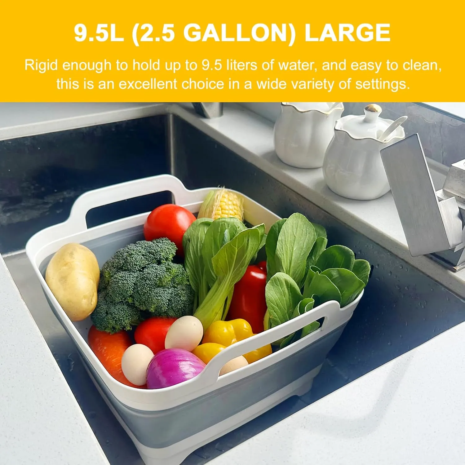 Collapsible Wash Basin with Drain Plug – 2.4 Gallon Portable Sink Tub for Baby Bottles, Dishwashing, RV & Camping | Space Saving Foldable Design | BPA-Free TPR/PP Material (Grey)