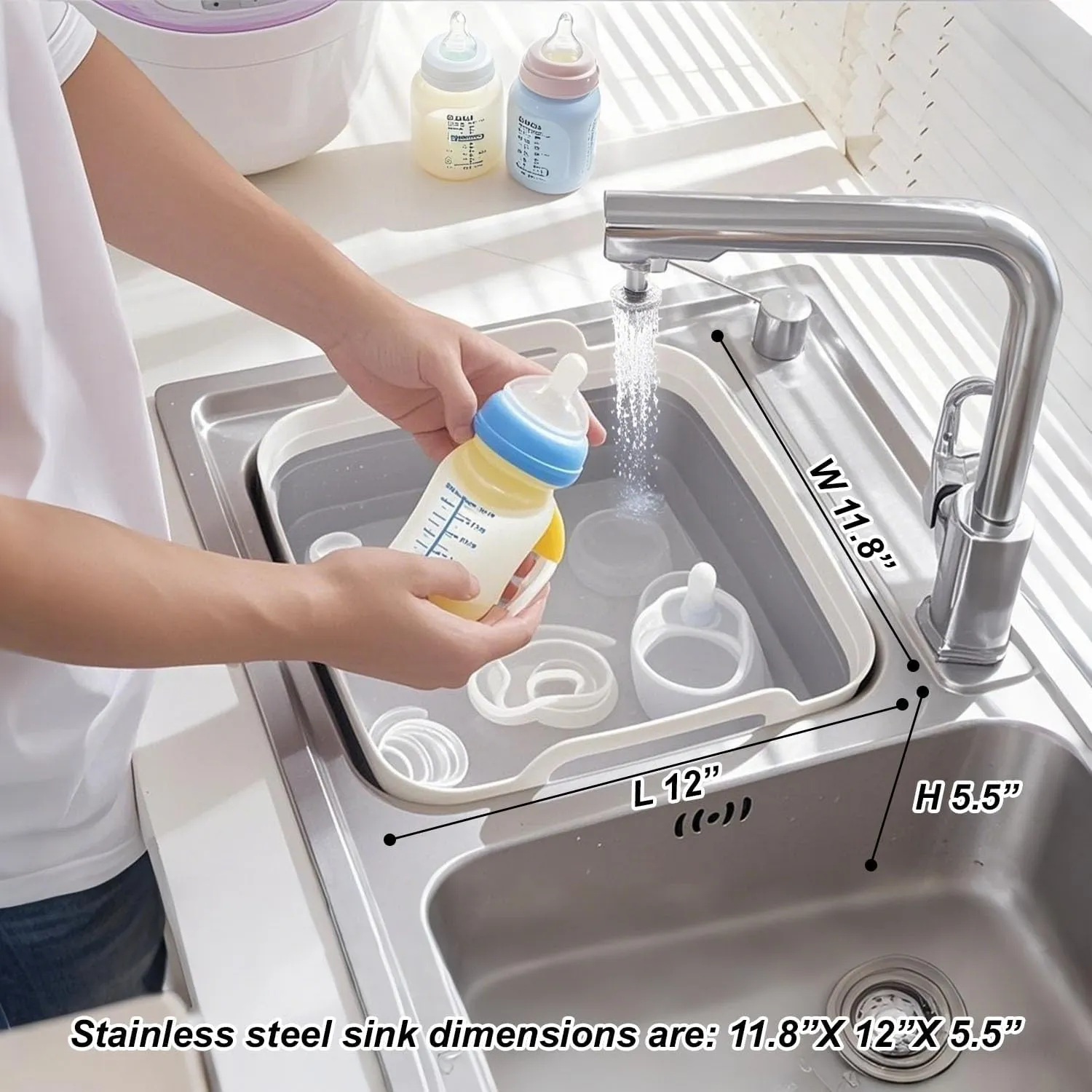 Collapsible Wash Basin with Drain Plug – 2.4 Gallon Portable Sink Tub for Baby Bottles, Dishwashing, RV & Camping | Space Saving Foldable Design | BPA-Free TPR/PP Material (Grey)