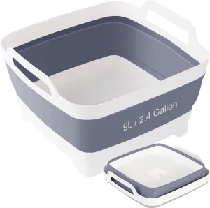 Collapsible Wash Basin with Drain Plug – 2.4 Gallon Portable Sink Tub for Baby Bottles, Dishwashing, RV & Camping | Space Saving Foldable Design | BPA-Free TPR/PP Material (Grey)