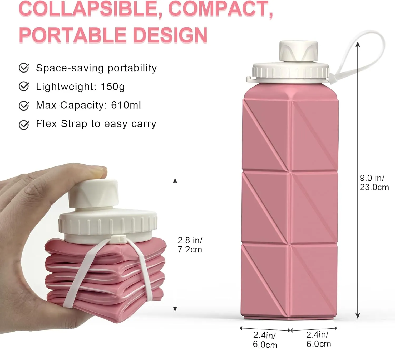 Collapsible Water Bottles 20.6oz, Silicone Foldable Portable Travel Water Bottle, Folding Lightweight Reusable Leakproof for Traveling Camping Hiking Cycling Yoga Sports Outdoor