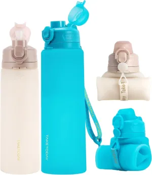 Collapsible Water Bottles 32oz Blue and 20oz Desert Sand, Foldable Travel Water Bottle with Strap, BPA Free, Silicone Water Bottle Leakproof for Hiking, International Travel, Outdoors