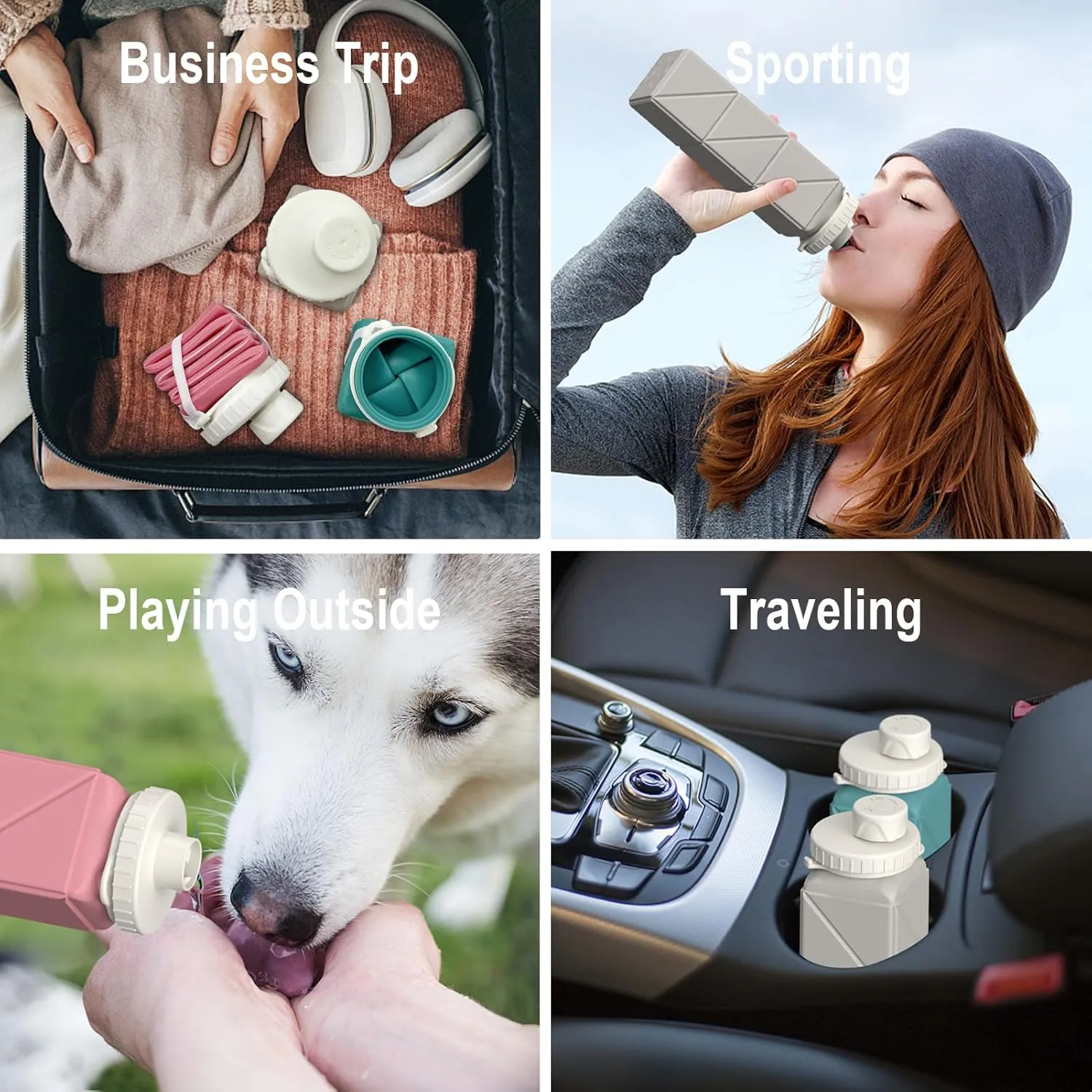 Collapsible Water Bottles, Silicone Foldable Portable Travel Water Bottle 610ml, Lightweight Reusable Leakproof for Traveling Camping Hiking Cycling Yoga Sports Outdoor