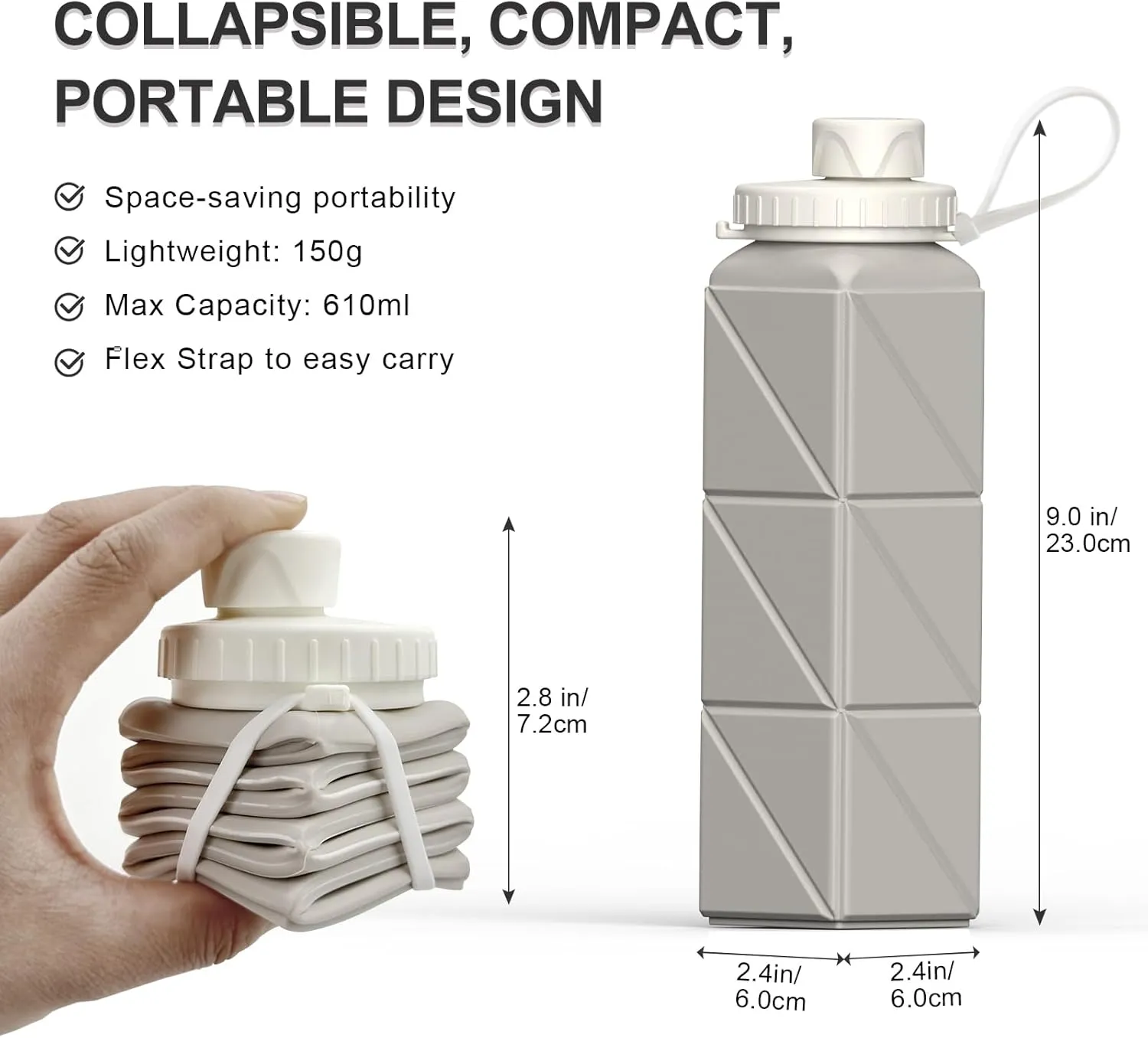 Collapsible Water Bottles, Silicone Foldable Portable Travel Water Bottle 610ml, Lightweight Reusable Leakproof for Traveling Camping Hiking Cycling Yoga Sports Outdoor