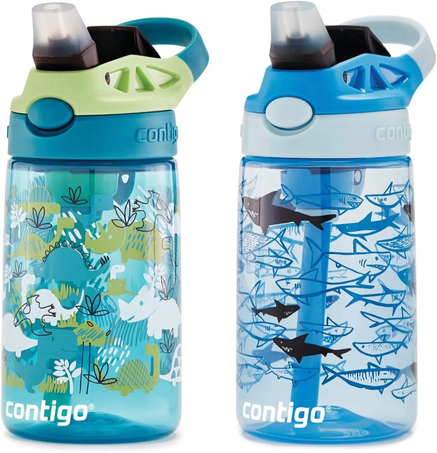 Contigo Aubrey Kids Dinos & Sharks Cleanable Water Bottle with Silicone Straw Spill-Proof Lid Dishwasher Safe 14oz 2-Pack