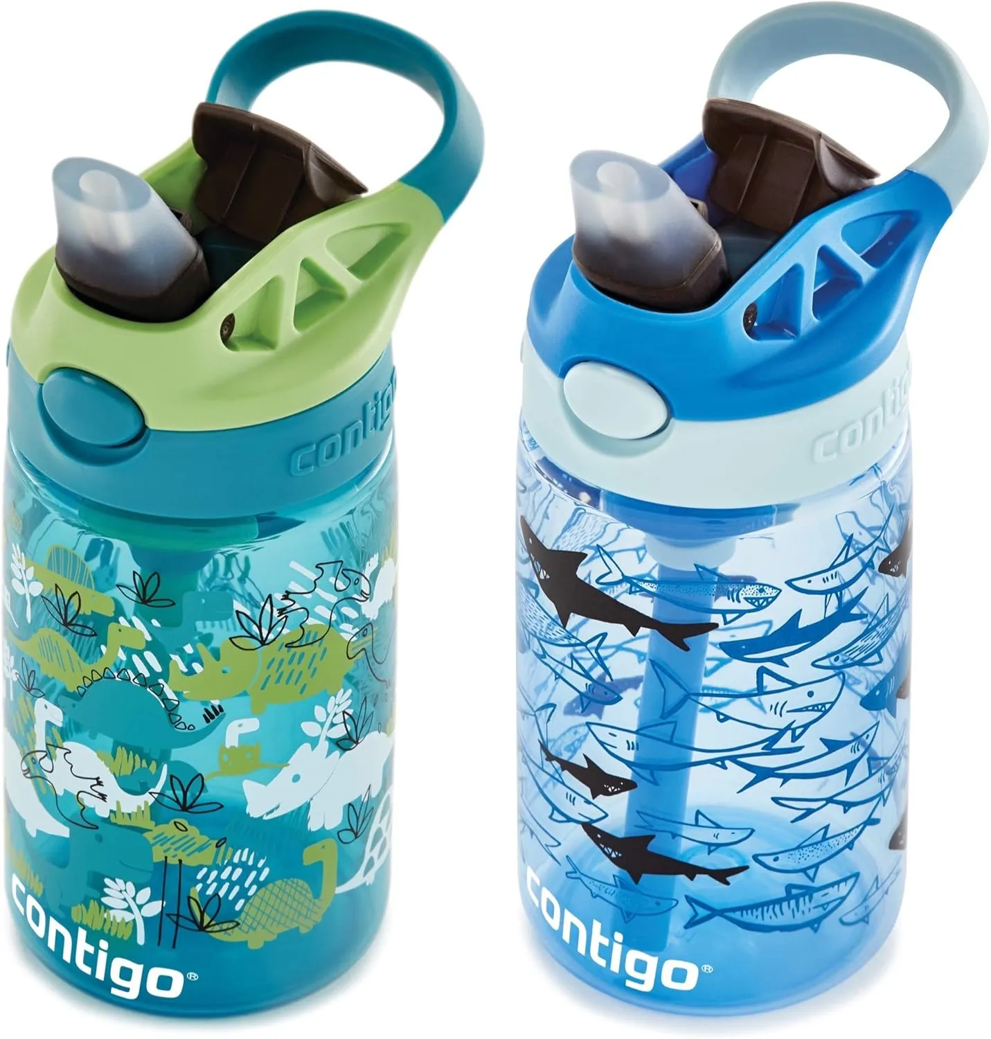 Contigo Aubrey Kids Dinos & Sharks Cleanable Water Bottle with Silicone Straw Spill-Proof Lid Dishwasher Safe 14oz 2-Pack