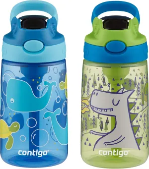 Contigo Aubrey Kids Water Bottle with Silicone Straw and Spill-Proof Lid, 14 oz, 2 Pack, Whales & Dragon