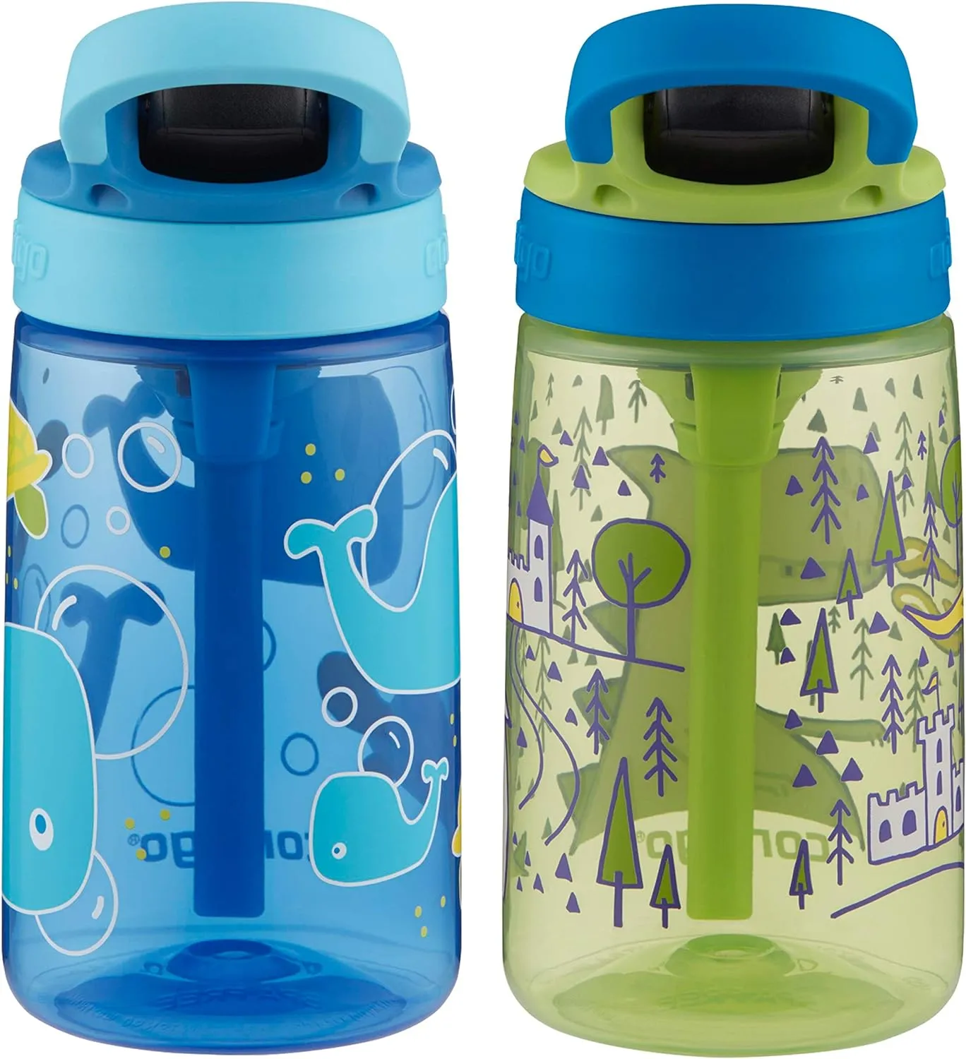 Contigo Aubrey Kids Water Bottle with Silicone Straw and Spill-Proof Lid, 14 oz, 2 Pack, Whales & Dragon