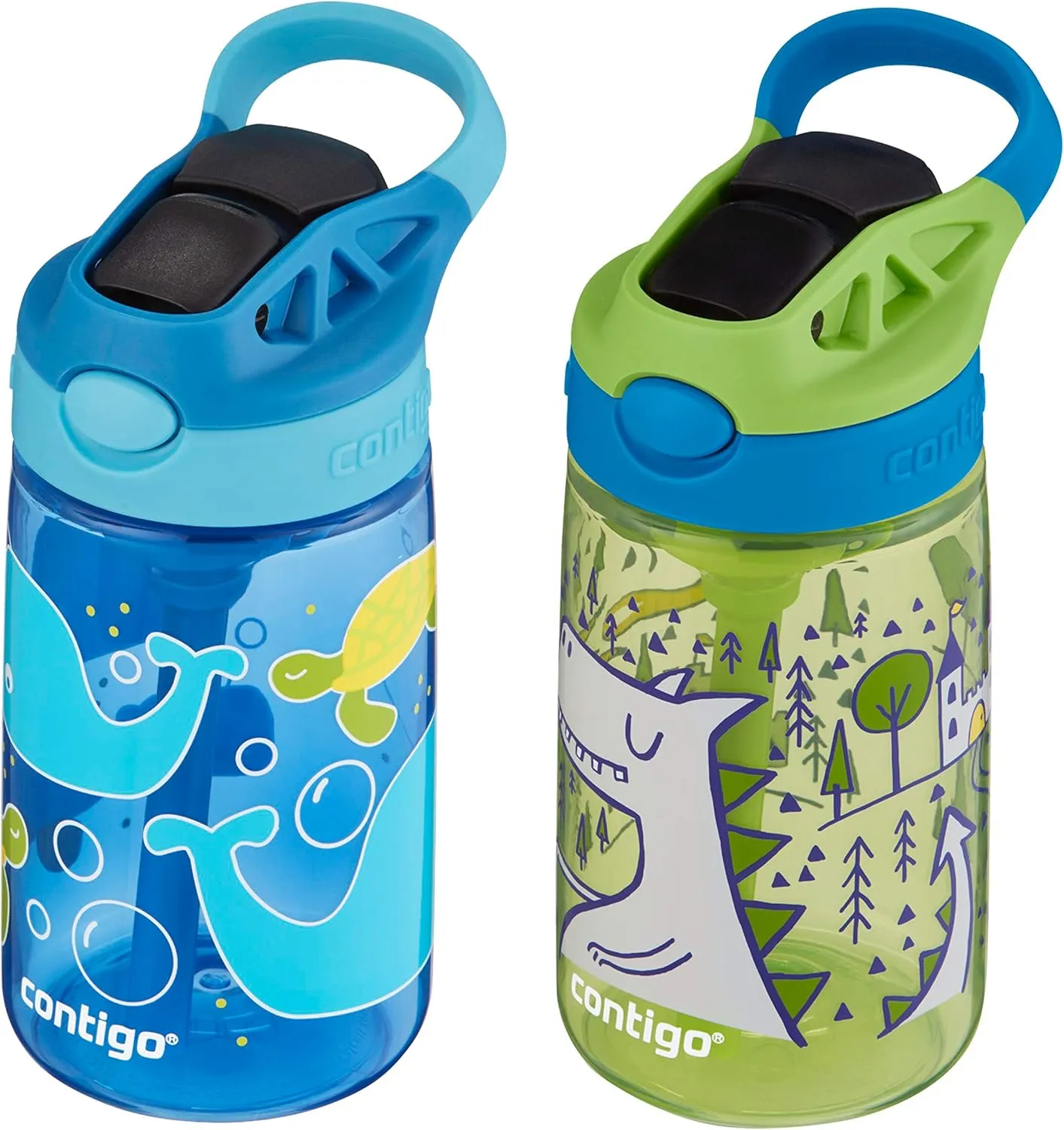 Contigo Aubrey Kids Water Bottle with Silicone Straw and Spill-Proof Lid, 14 oz, 2 Pack, Whales & Dragon