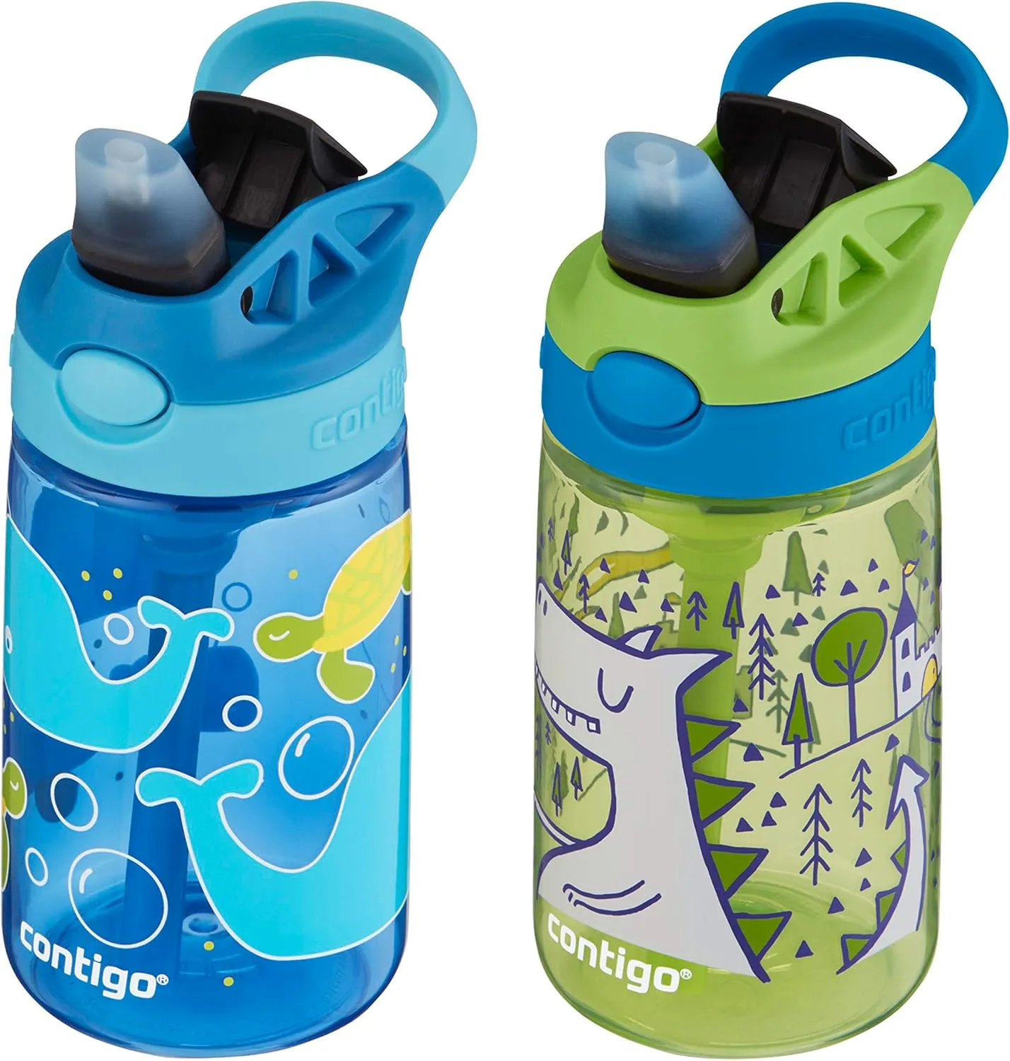Contigo Aubrey Kids Water Bottle with Silicone Straw and Spill-Proof Lid, 14 oz, 2 Pack, Whales & Dragon