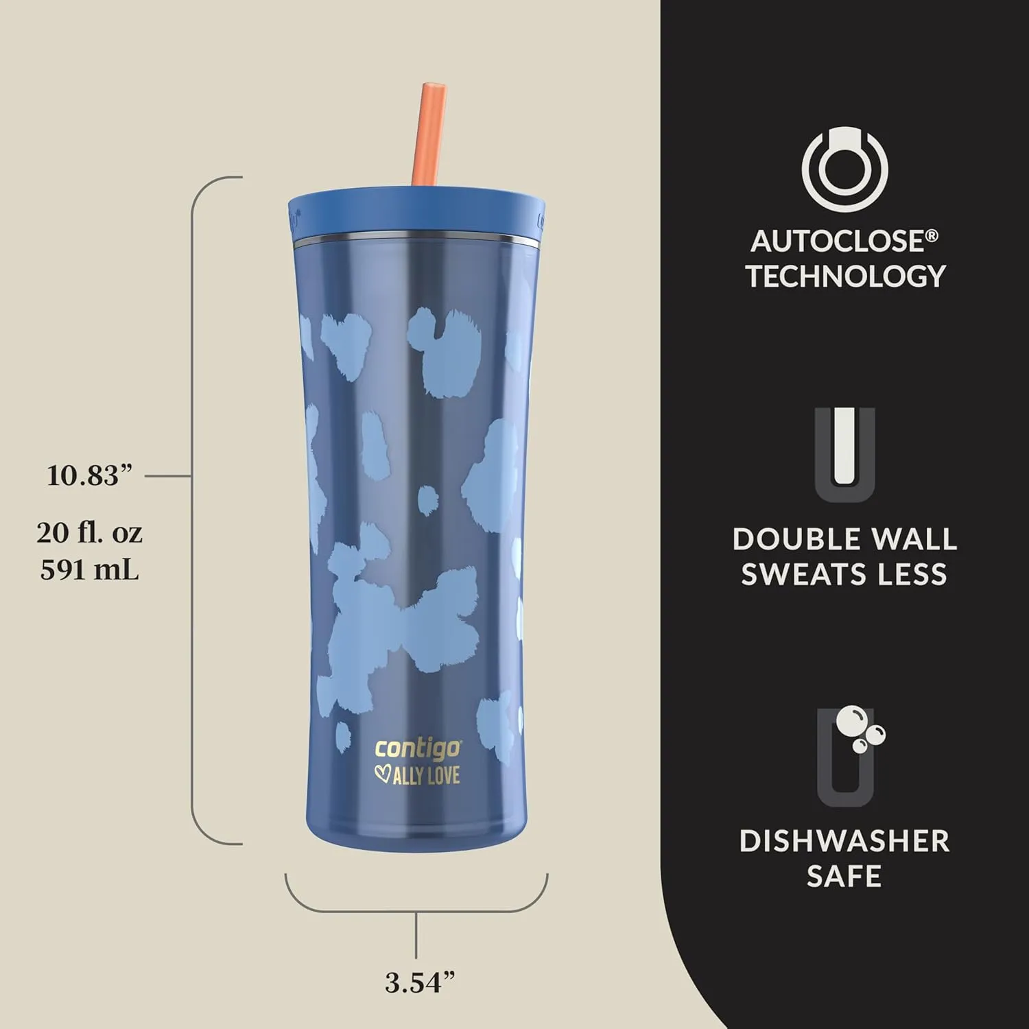 Contigo x Ally Love Shake & Go Tumbler, Autoclose, blender bottle, protein shaker bottle, 20oz, Stellar Jay