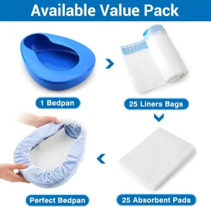 Contoured Bedpan Set with 25 Super Absorbent Pads and Liners - Heavy Duty Bed Pan for Females and Men - For Hospital or Home Use of the Elderly and Bedridden Patients - Pads Absorb up to 35 oz /1000ml