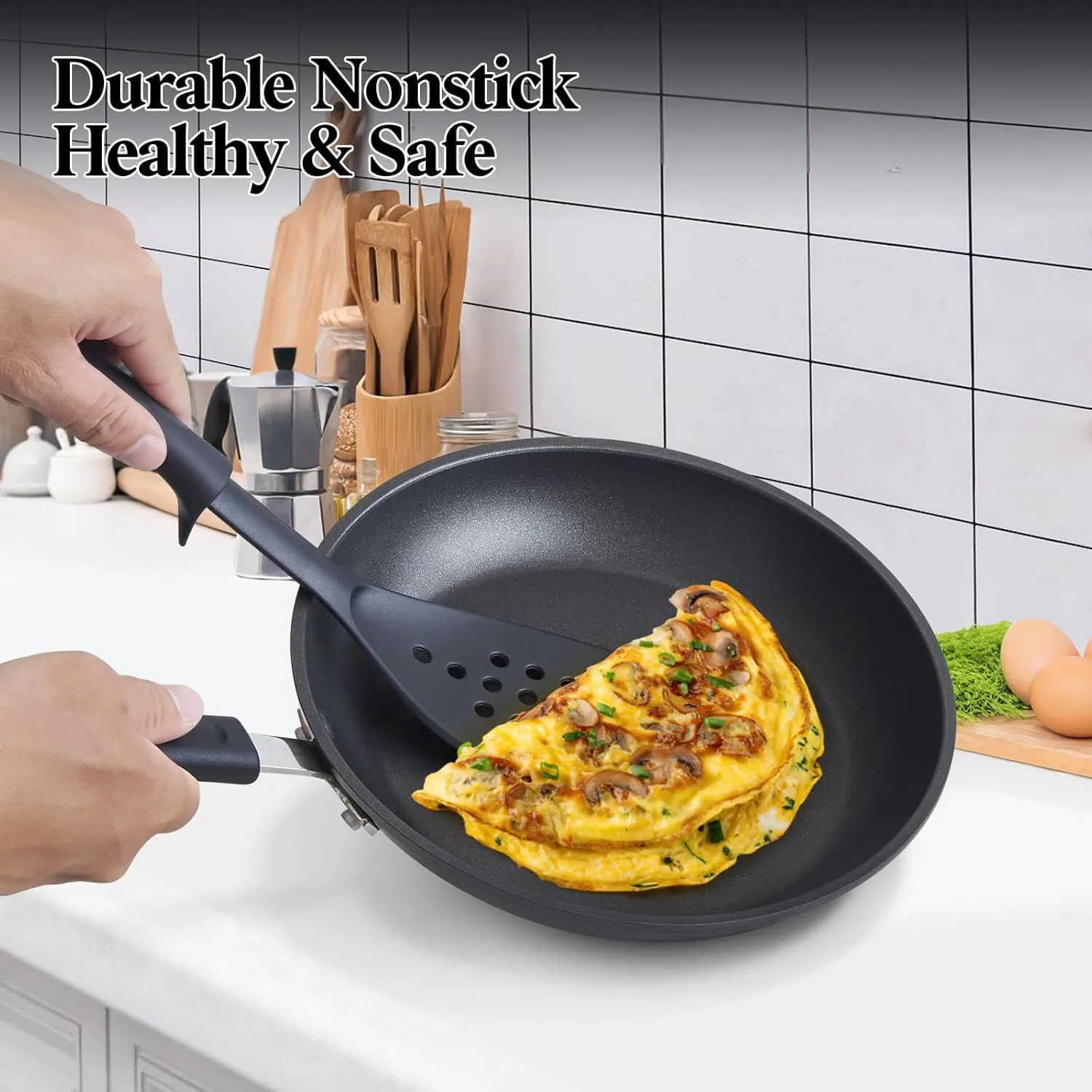 Cook N Home Nonstick Saute Fry Pan 9.5-inch Professional Hard Anodized Frying Pan, Dishwasher Safe with Stay-Cool Handles, Black