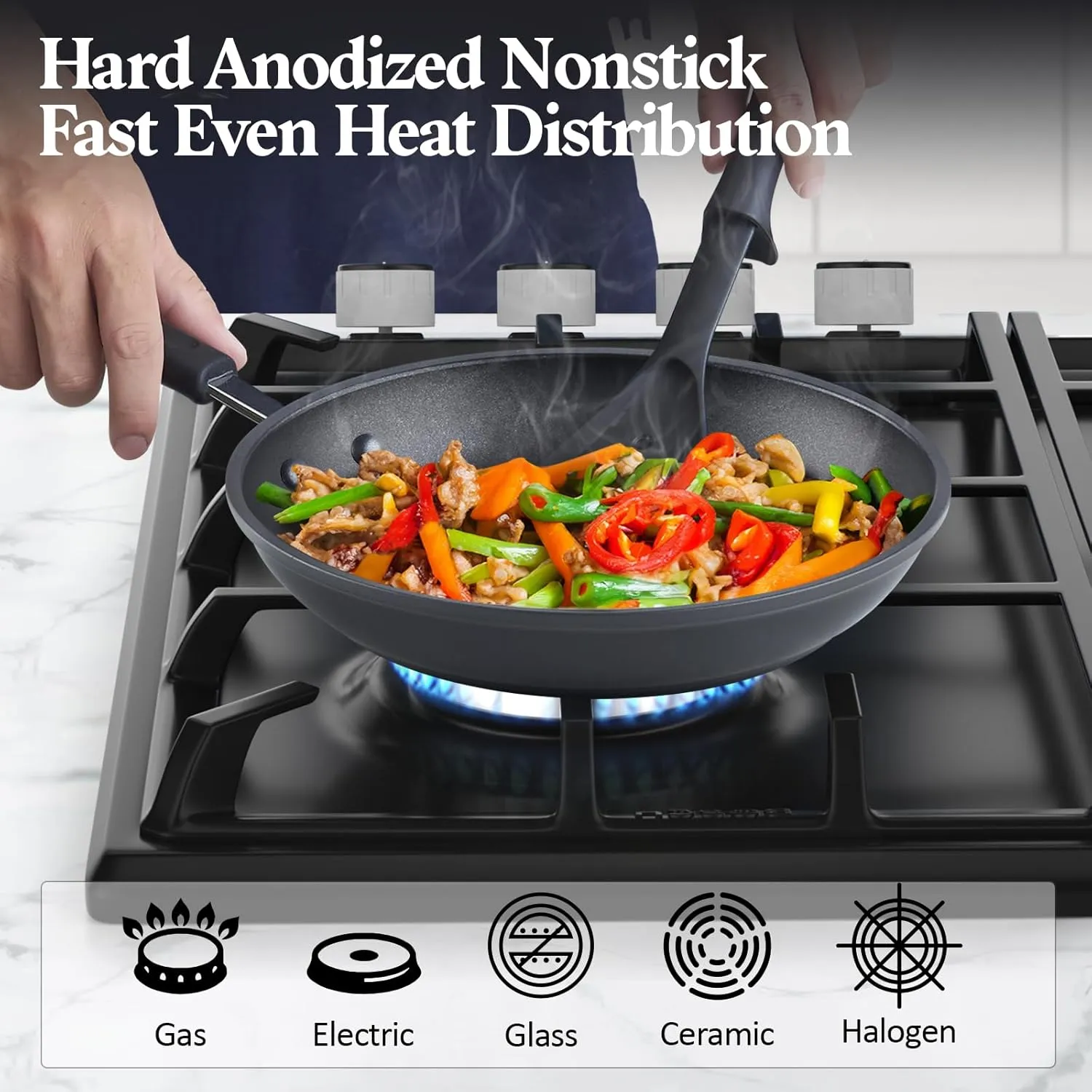 Cook N Home Nonstick Saute Fry Pan 9.5-inch Professional Hard Anodized Frying Pan, Dishwasher Safe with Stay-Cool Handles, Black