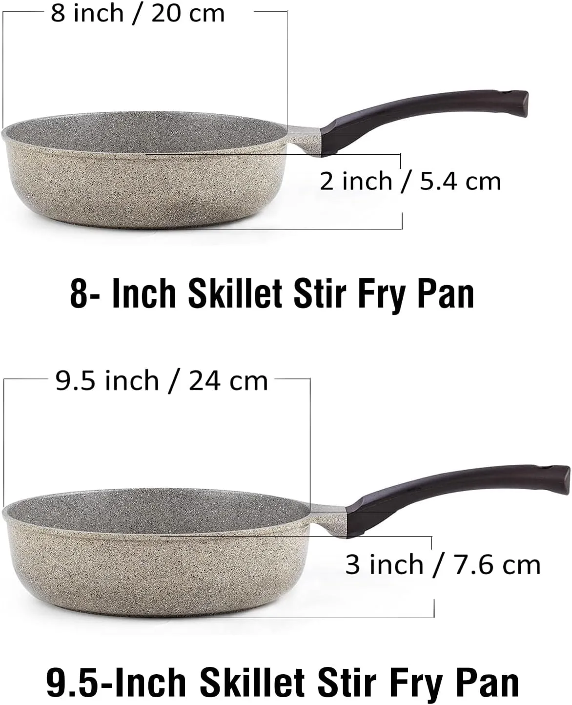 Cook N Home Nonstick Saute Skillet Pans 8 inch   9.5 inch 2pc Set, Ceramic Marble Coating Deep Frying Pan Wok Stir-Fry Sauté Pan, Earth