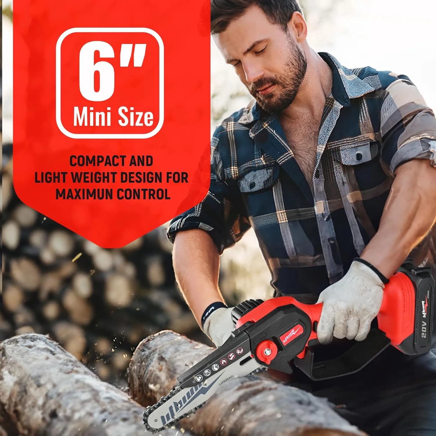 Cordless Mini Chainsaw, 20V Max Battery 6 Inch Small Chain Saw, One-Hand Handheld Electric Portable Chainsaw for Cutting Wood Trimming and Woodworking- Mini Chain Saw Cordless with 1 Batter