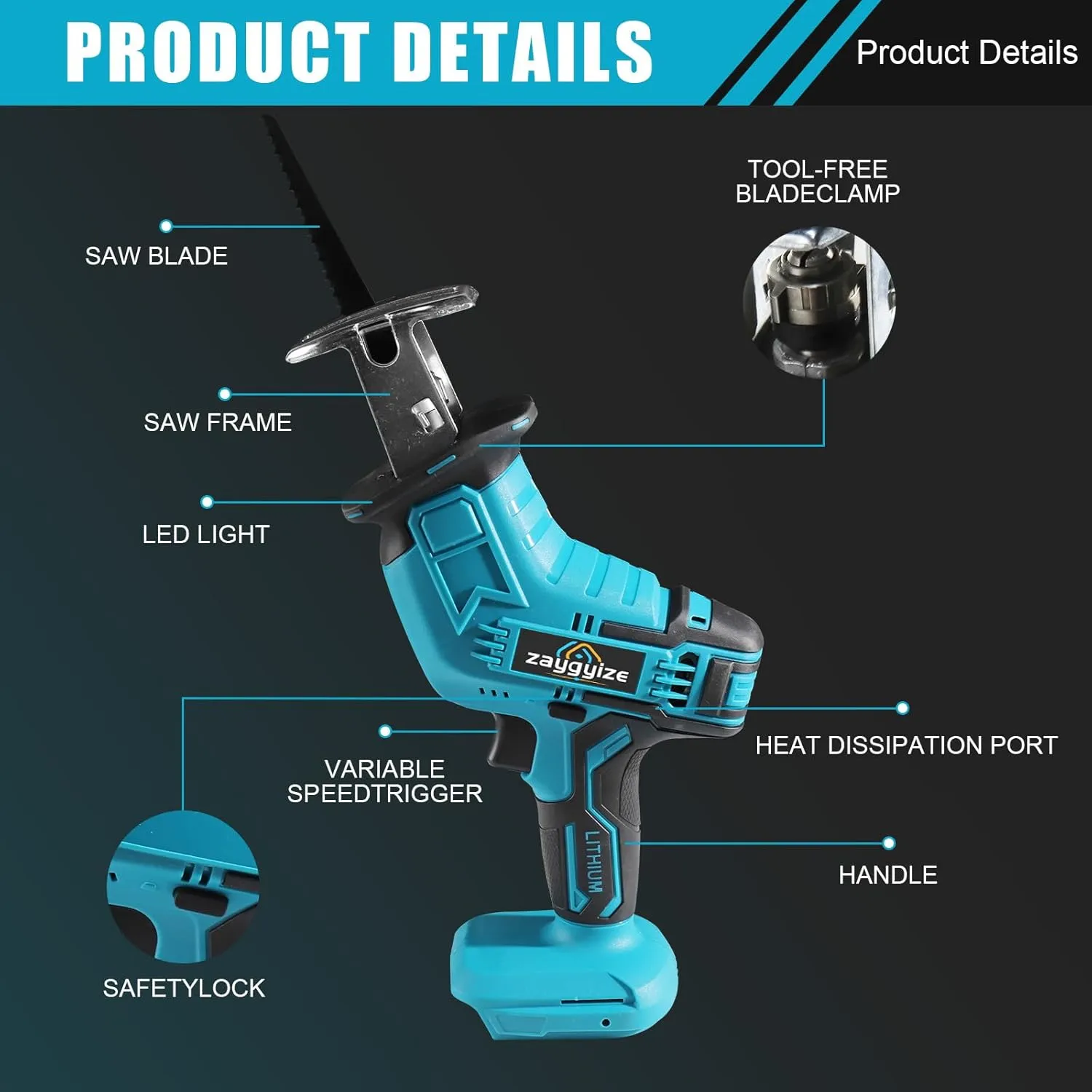 Cordless Power Reciprocating Saws Tool 0-3000 RPM Compatible with Makita 18V LXT BL1850B Battery Compact One-Handed Recipro Saw for Wood/Metal/PVC Cutting（No Battery）