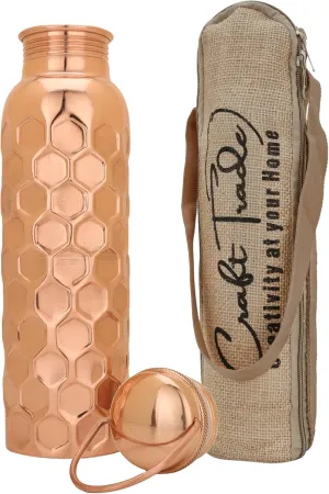 Craft Trade Hammered Pure Copper Bottle with Lid and Carry Bag for Drinking Water BPA Free Leak Proof Boosts Immunity, Supports Digestive & Liver Health, Ayurveda Inspired 34oz - 1 Litre Natural