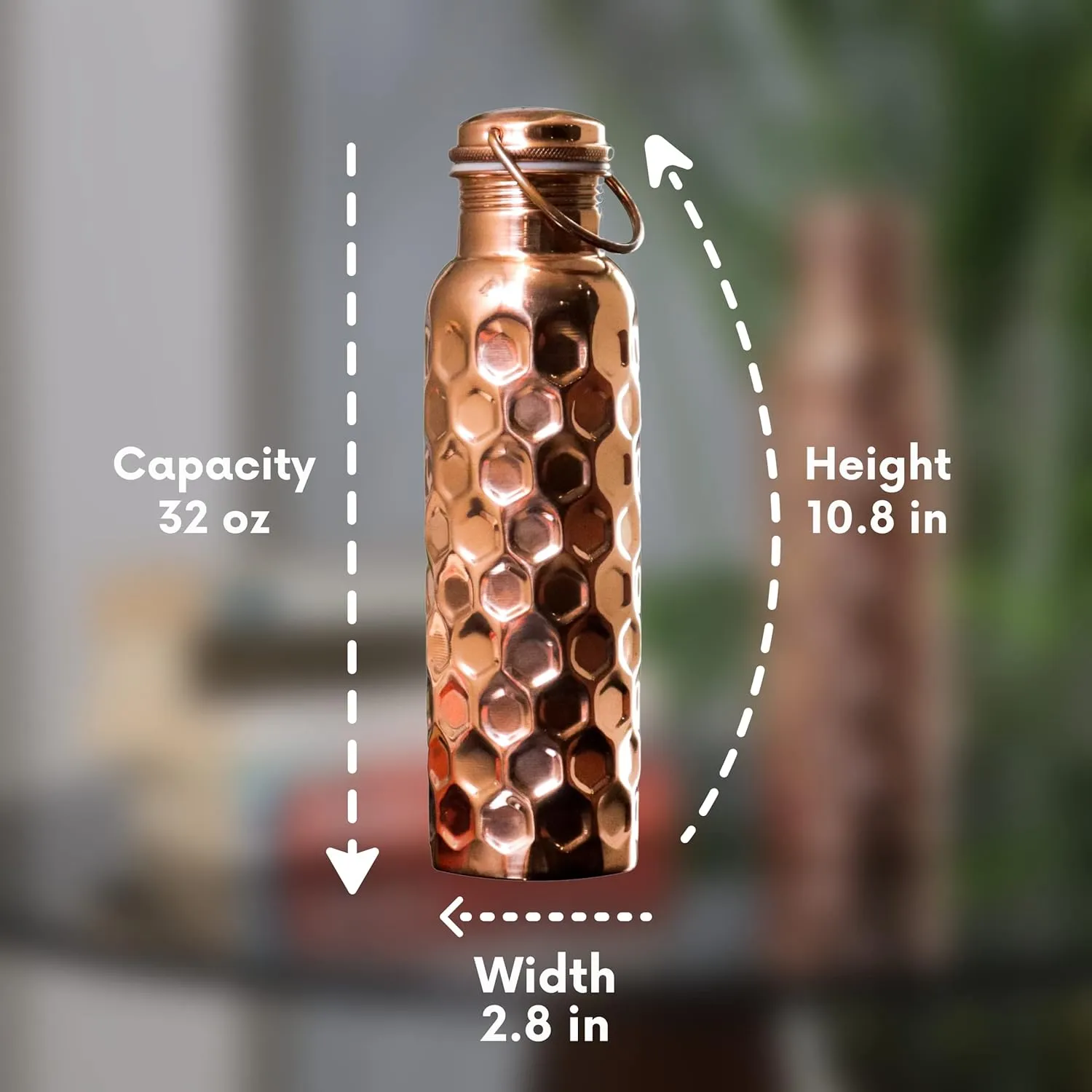 Craft Trade Hammered Pure Copper Bottle with Lid and Carry Bag for Drinking Water BPA Free Leak Proof Boosts Immunity, Supports Digestive & Liver Health, Ayurveda Inspired 34oz - 1 Litre Natural