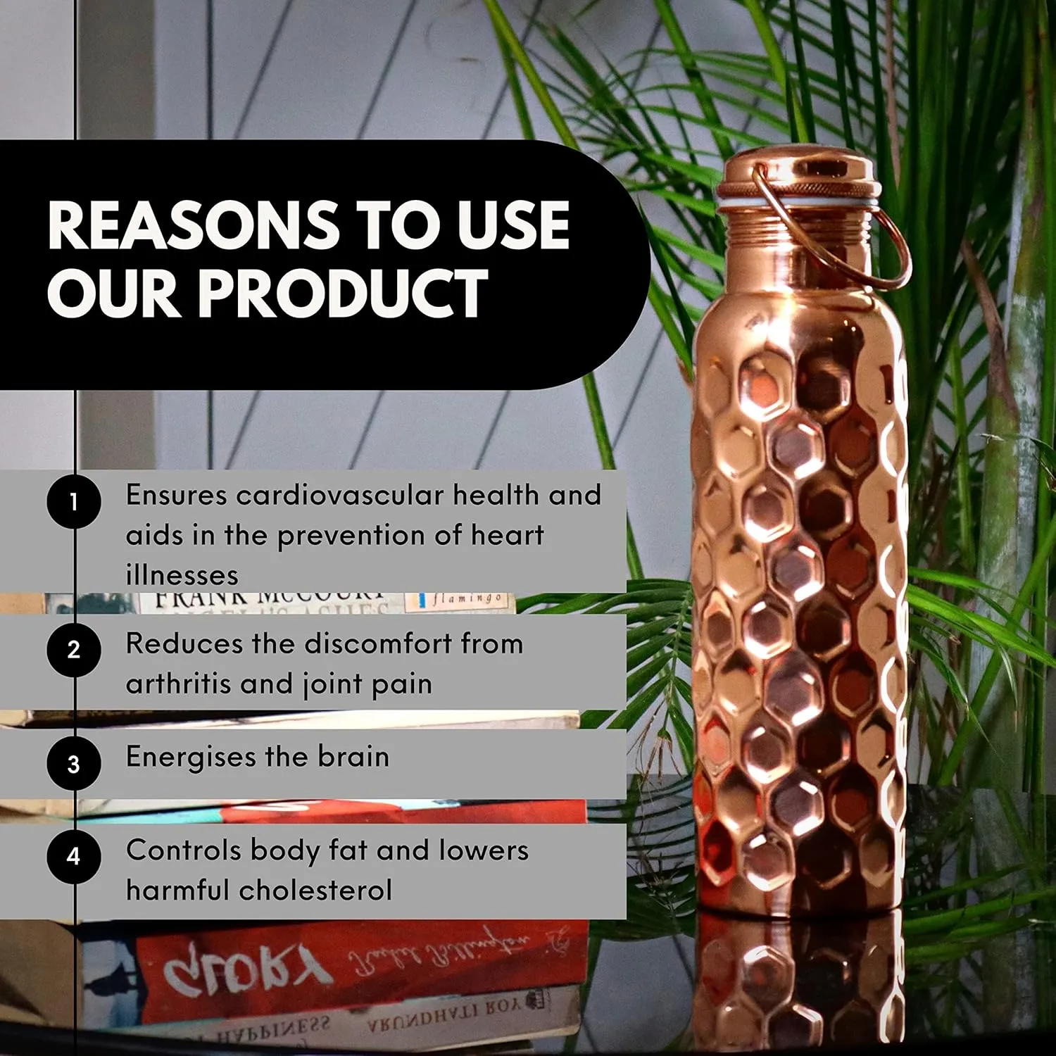 Craft Trade Hammered Pure Copper Bottle with Lid and Carry Bag for Drinking Water BPA Free Leak Proof Boosts Immunity, Supports Digestive & Liver Health, Ayurveda Inspired 34oz - 1 Litre Natural