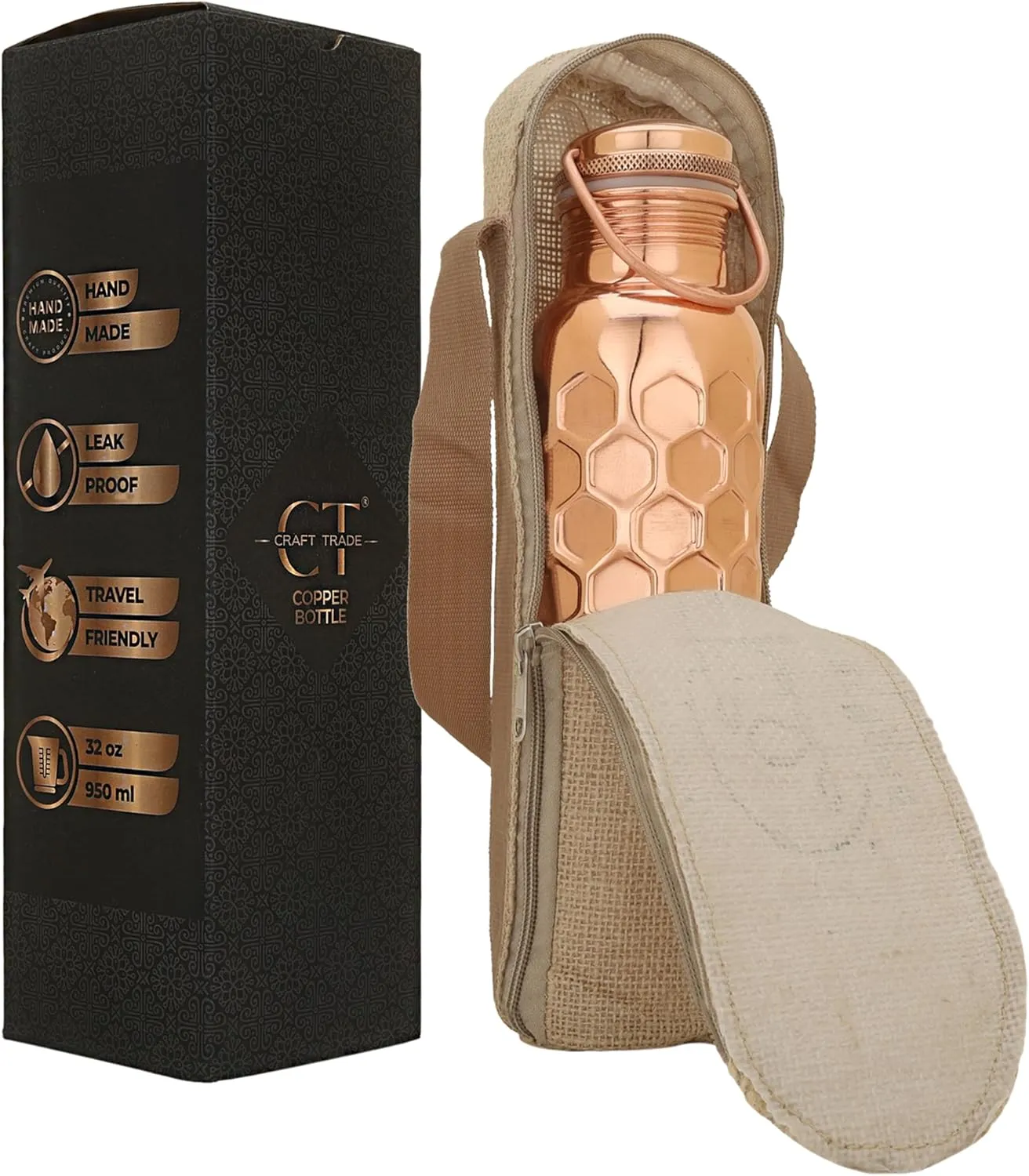 Craft Trade Hammered Pure Copper Bottle with Lid and Carry Bag for Drinking Water BPA Free Leak Proof Boosts Immunity, Supports Digestive & Liver Health, Ayurveda Inspired 34oz - 1 Litre Natural