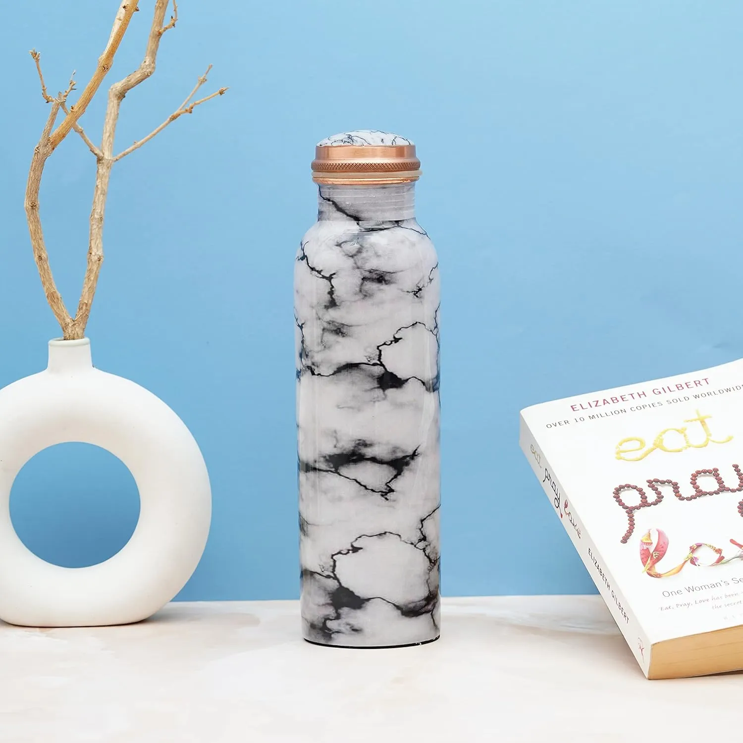 Craft Trade Printed Pure Copper Bottle with Lid and Carry Bag for Drinking Water BPA Free Leak Proof Boosts Immunity, Supports Digestive & Ayurveda Inspired 34oz - 1 Litre White