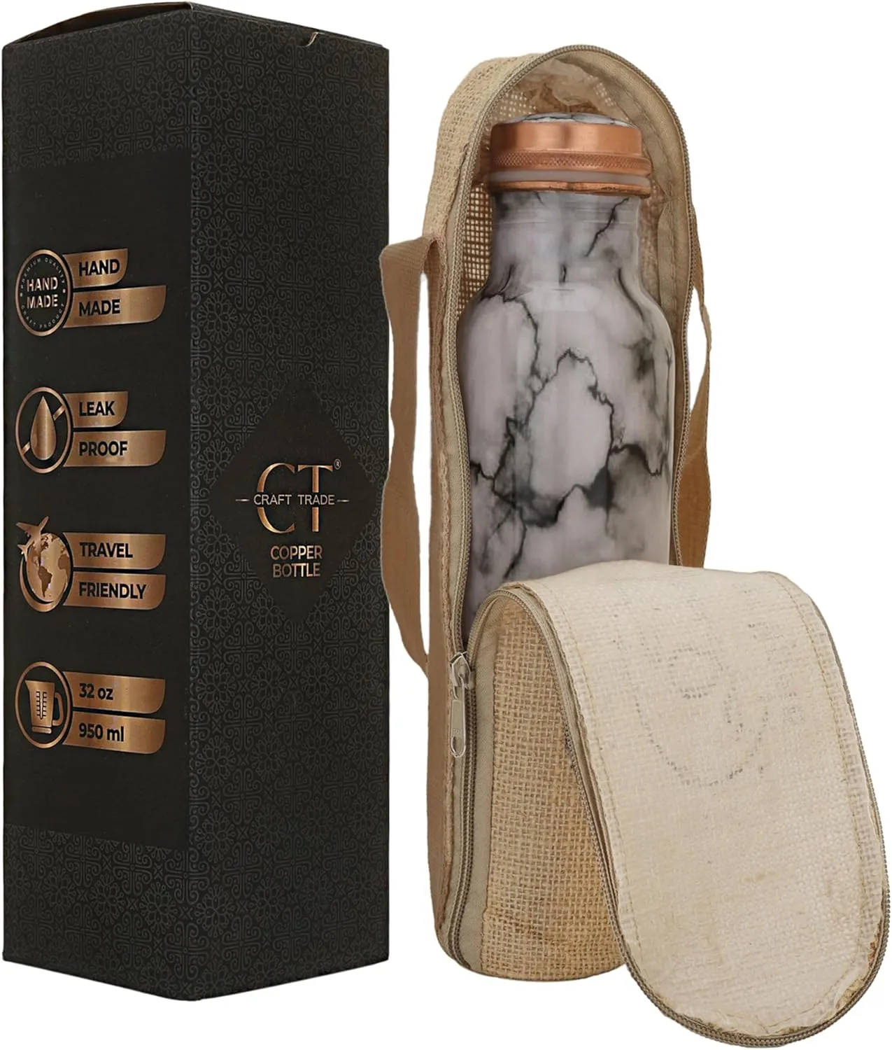 Craft Trade Printed Pure Copper Bottle with Lid and Carry Bag for Drinking Water BPA Free Leak Proof Boosts Immunity, Supports Digestive & Ayurveda Inspired 34oz - 1 Litre White